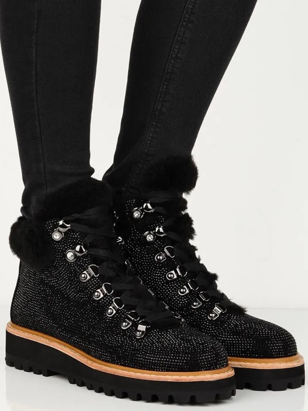 {Lola Cruz} Leather Crystal Embellished Lace-Up Hiking Boots